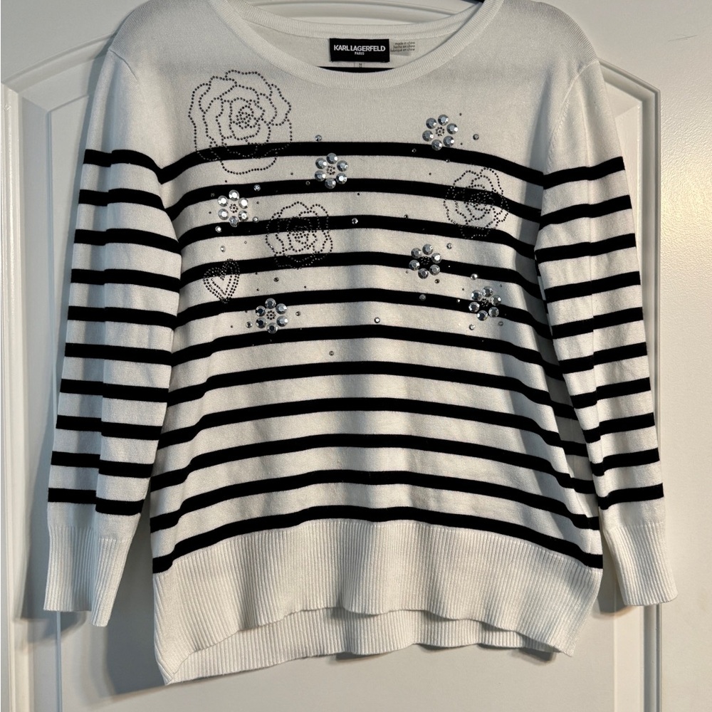 Karl Lagerfeld Paris Sweater Medium White Black Striped Rhinestone Glam Chic‎